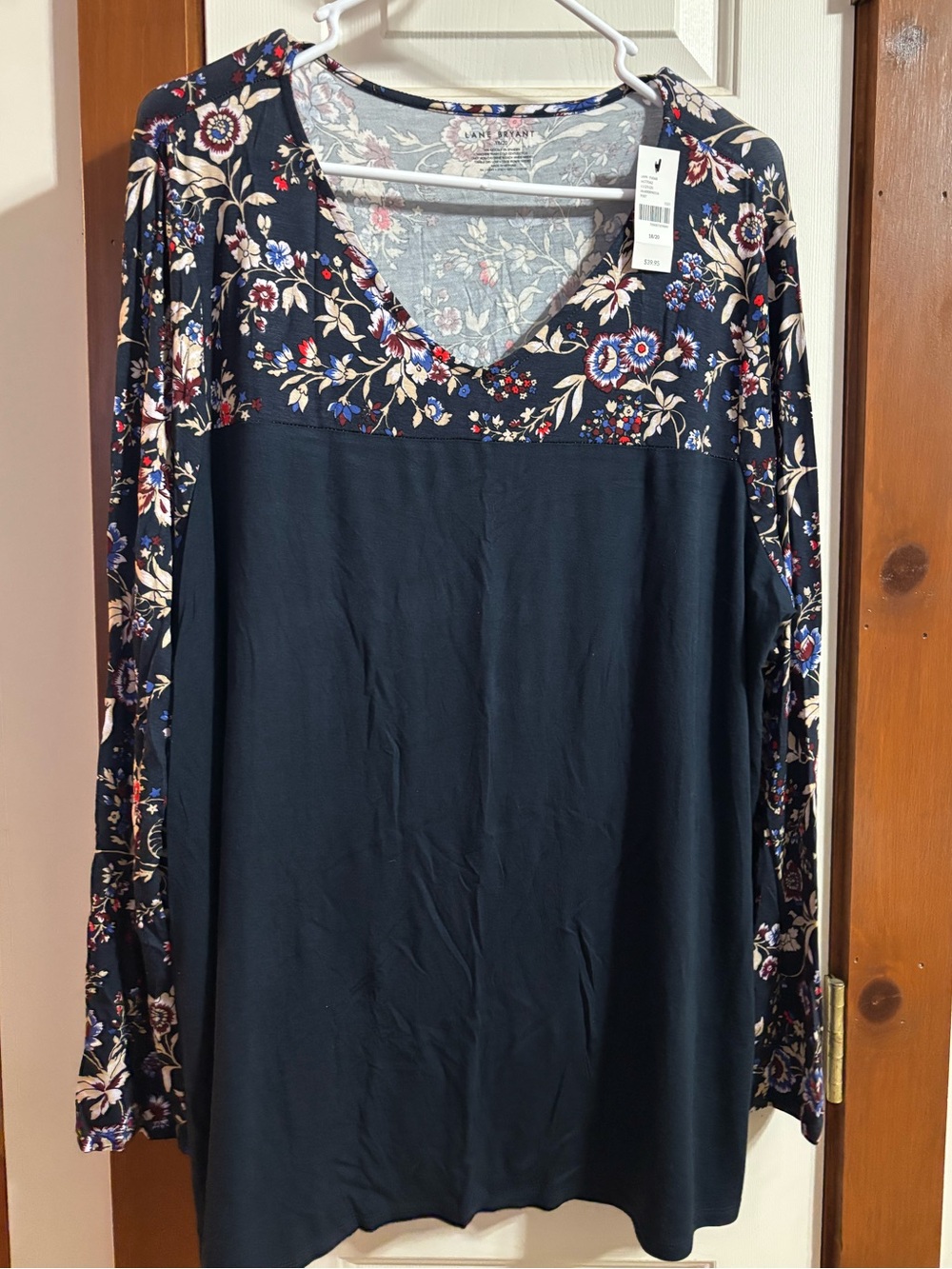Navy Floral Yoke V-Neck Long Sleeve Top
